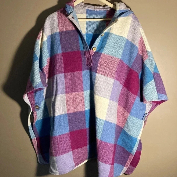 Vintage wool cape poncho  pink blue purple plaid - Picture 1 of 6